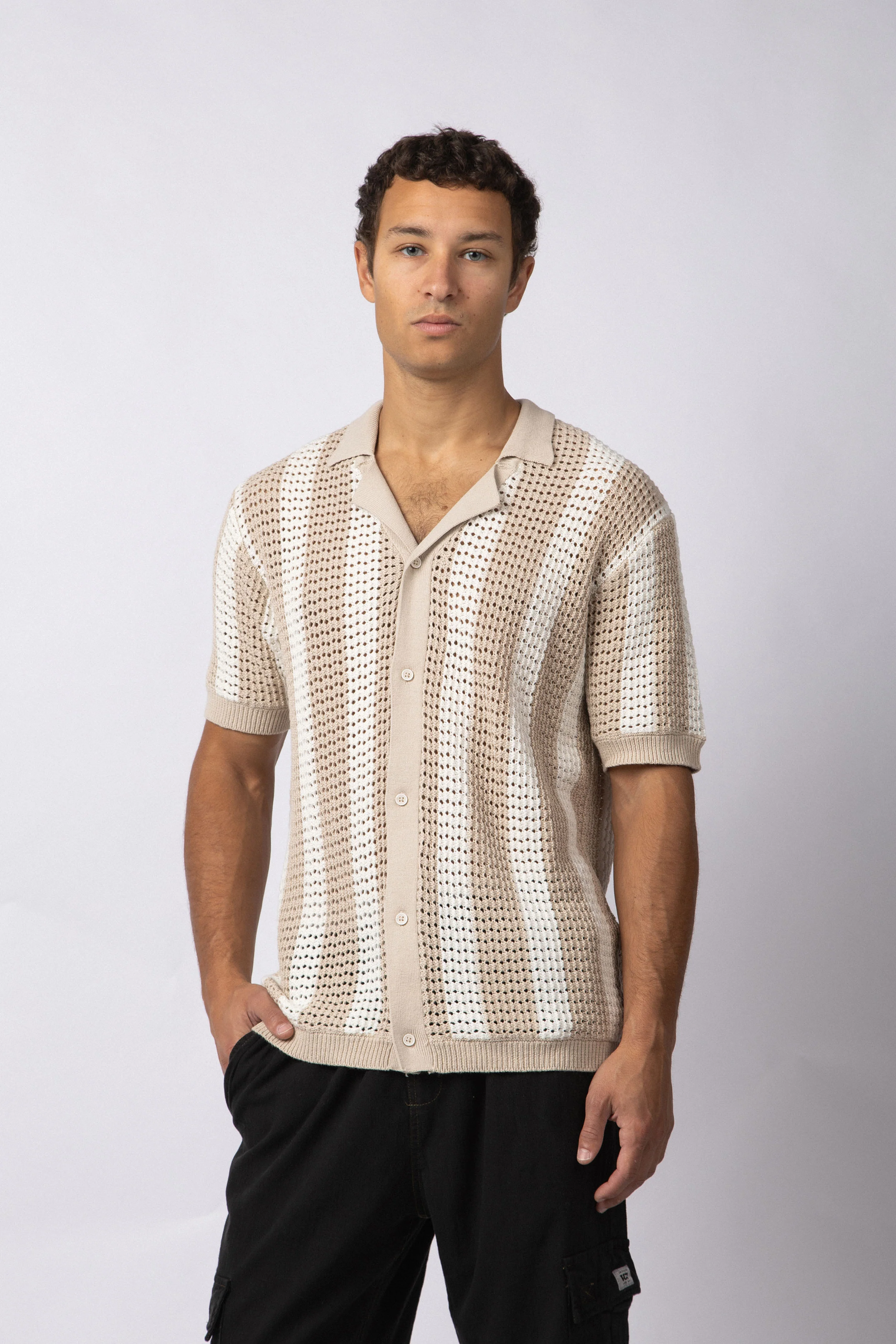 Camisa Manga Corta Tejida Marble Beige - Image 6