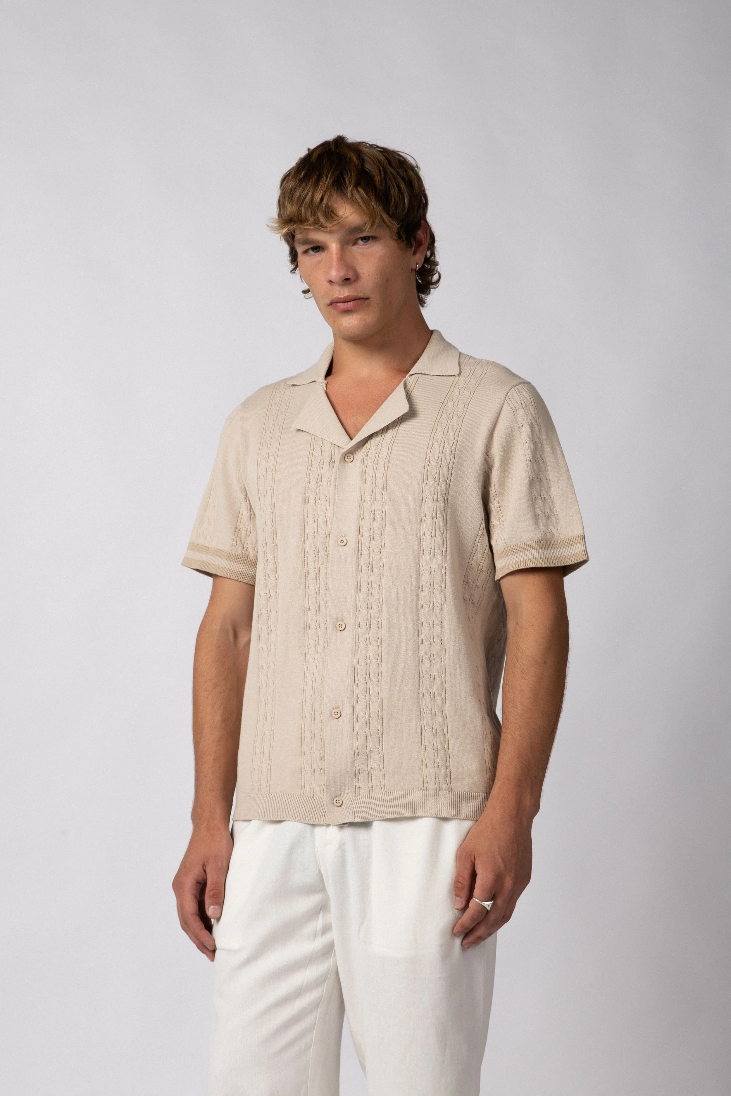 Camisa Manga Corta Tejida Mist Beige - Image 3
